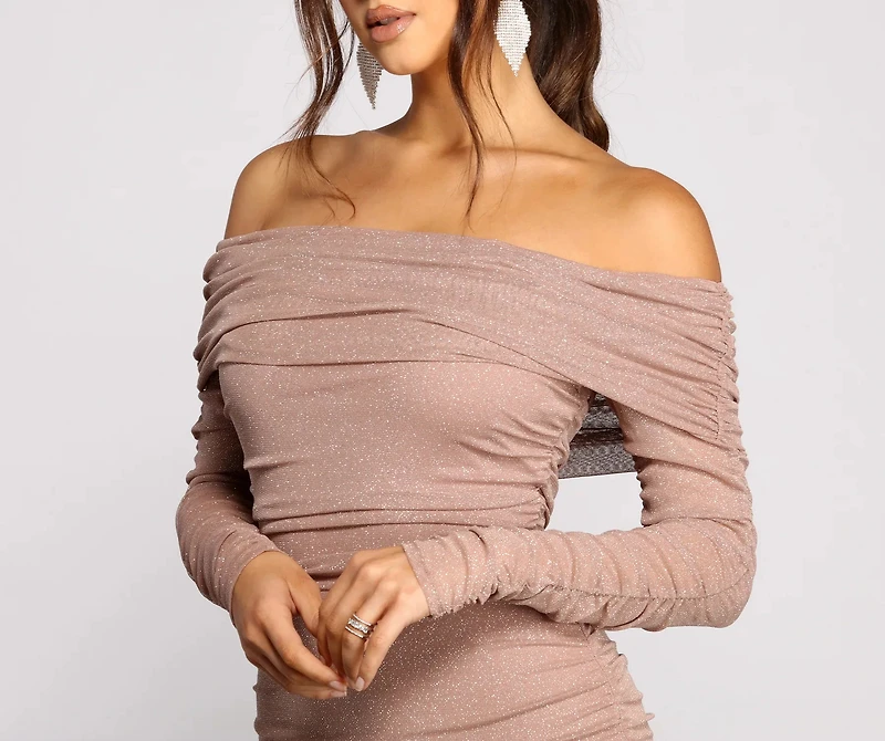 Shimmer Nights Off the Shoulder Glitter Mini Dress
