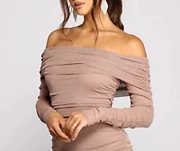 Shimmer Nights Off the Shoulder Glitter Mini Dress