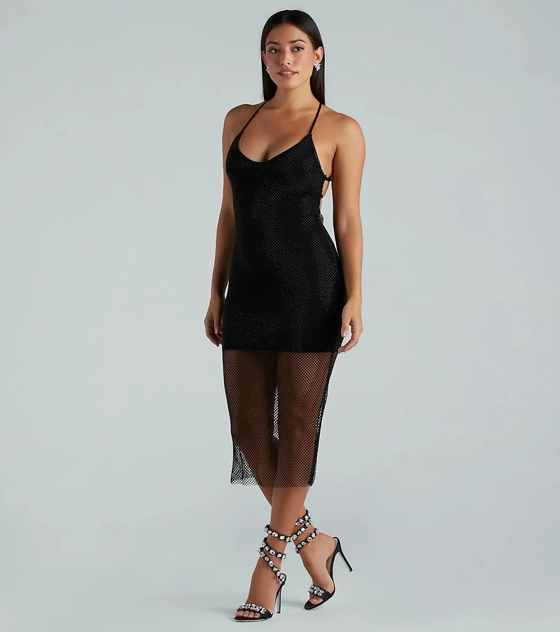 Caught Good Vibes Fishnet Rhinestone Midi Dress