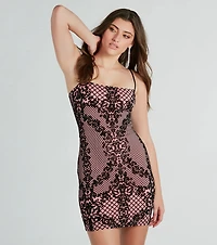 Elevated Party Velvet Scroll Mesh Mini Dress
