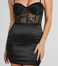 Sexy Allure Lace-Trim Satin Corset Mini Dress