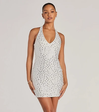 Forever Sparkling V-Neck Halter Rhinestone Mini Dress