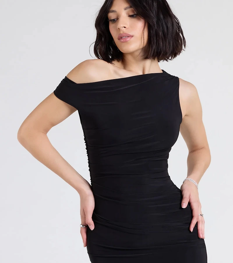 Chic Icon Ruched Knit Off-Shoulder Mini Dress