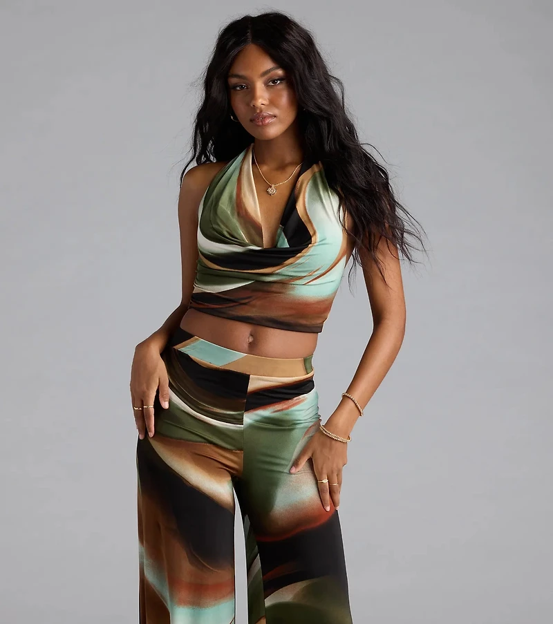 Sultry Effect Abstract Cowl Halter Crop Top