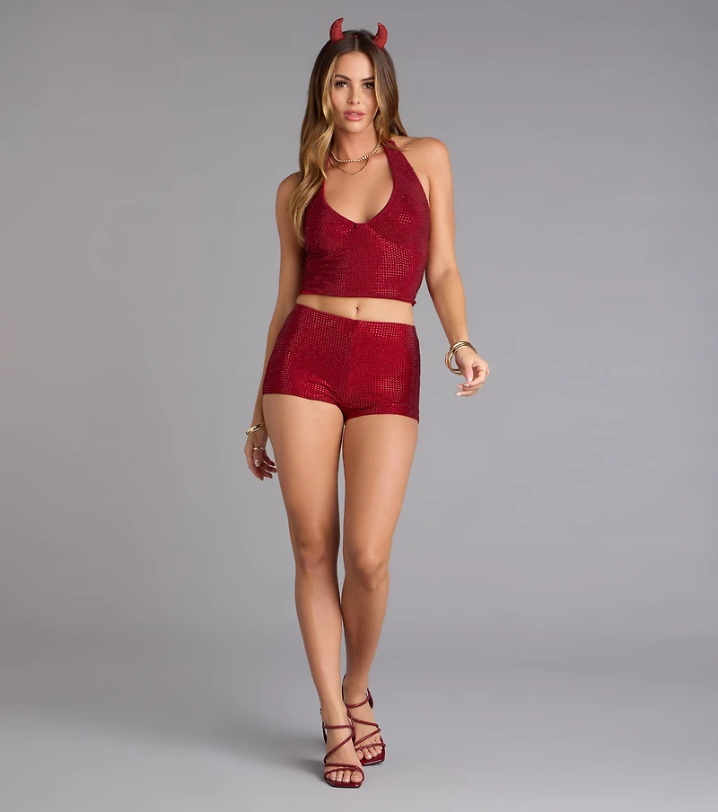 Shine Check Rhinestone Halter Crop Top