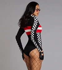 Racing Hottie Long Sleeve Checkered Bodysuit