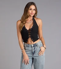 Night Mode Halter Lace-Up Crop Top