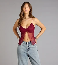 Delicate Dreams Lace Trim Floral Slit Crop Top