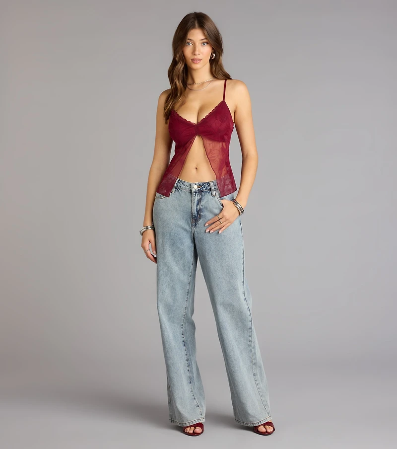 Delicate Dreams Lace Trim Floral Slit Crop Top