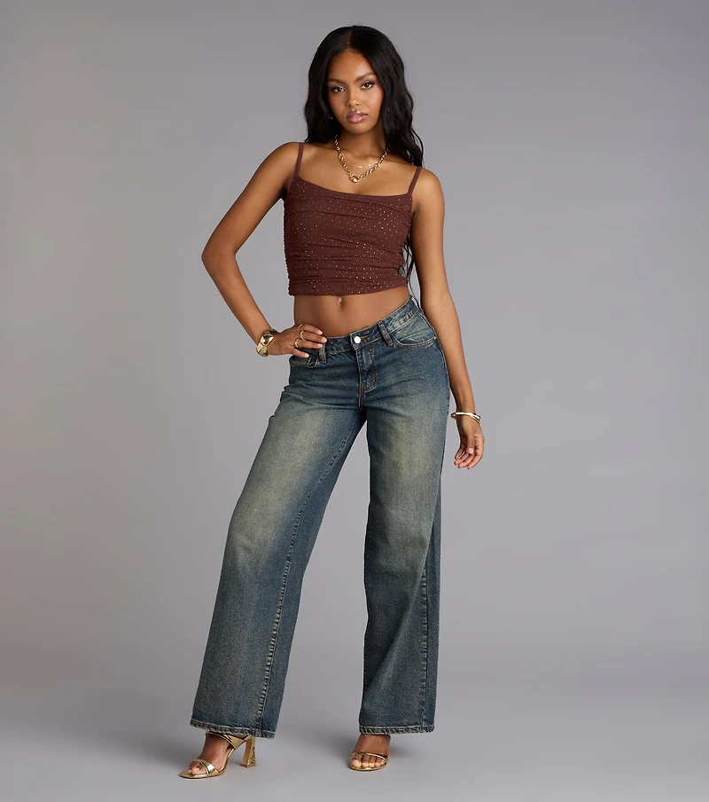 Drip Queen Rhinestone Mesh Crop Top