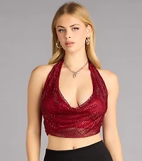 Cue The Sparkle Rhinestone Fishnet Halter Top