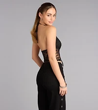 Midnight Desire Lace Up Halter Crop Top