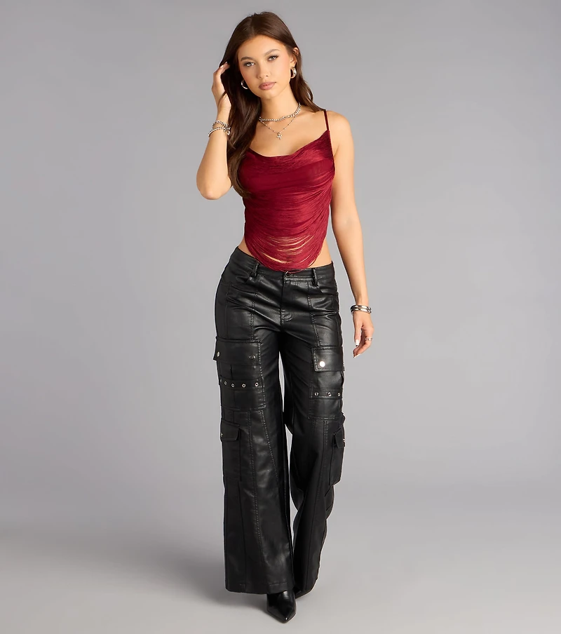 First Look Fringe Cowl Neck Top