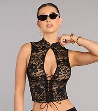 All Eyes Lace Up Open Back Crop Top