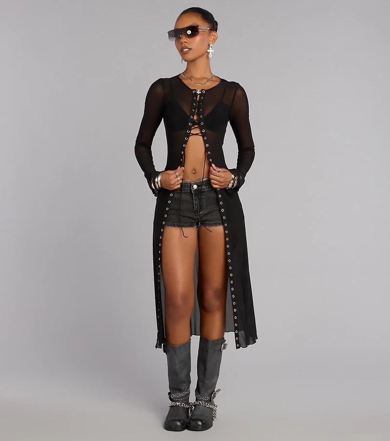 Night Mode Lace Up Mesh Long Top