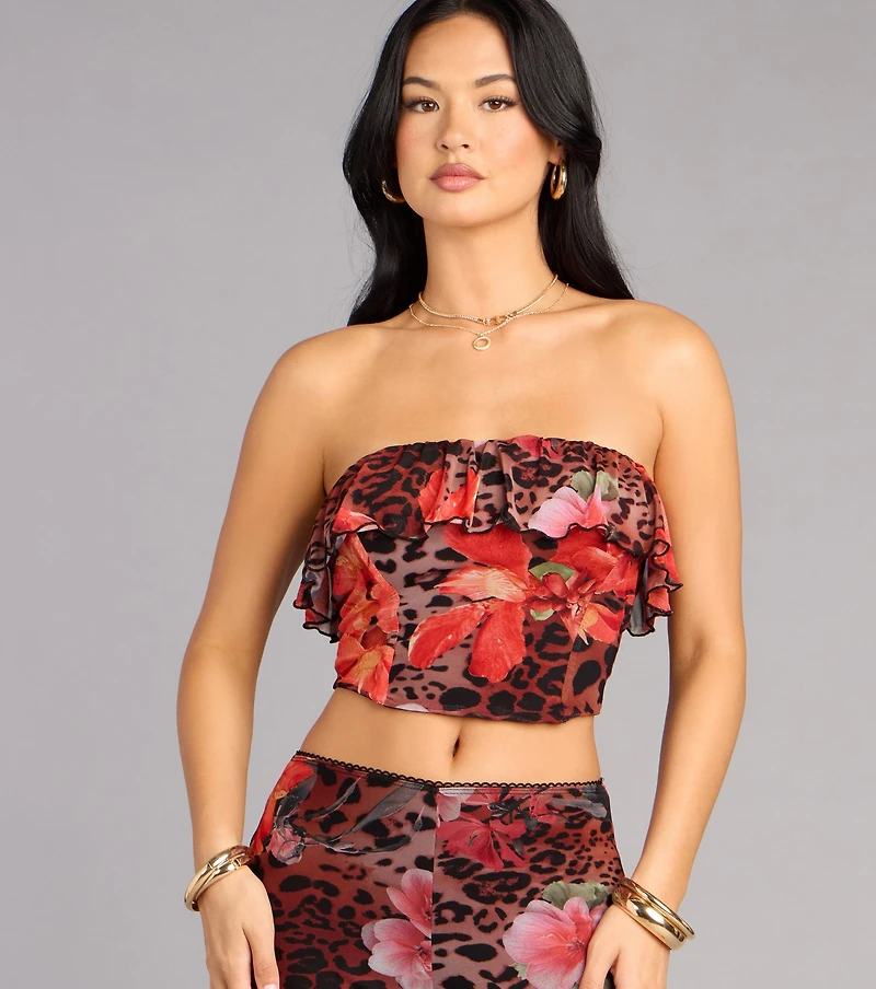 Wild Bloom Leopard And Floral Print Tube Top