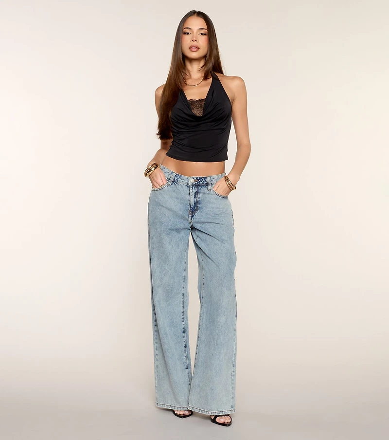 Chic Detail Lace Cowl Neck Halter Top