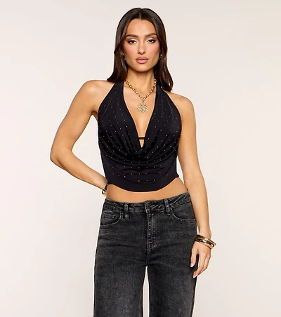 Sultry Shine Studded Cowl Neck Halter Top