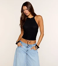 Pulled Together Ruched Lace Up Halter Top