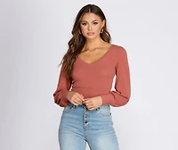 Brushed Ribbed Knit V-Neck