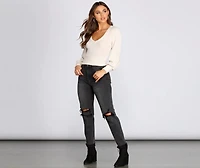 Brushed Ribbed Knit V-Neck