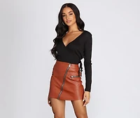Ribbed Knit Tie Front Wrap Top