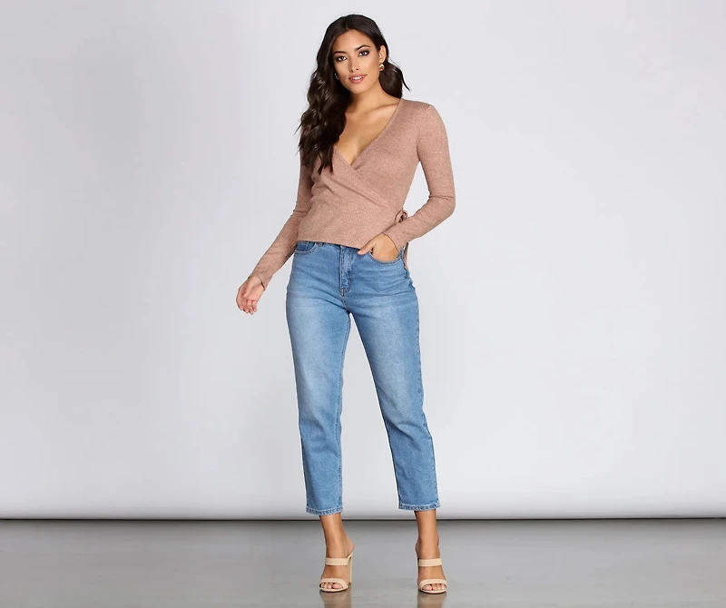 Ribbed Knit Tie Front Wrap Top