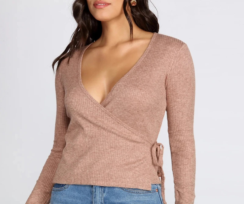 Ribbed Knit Tie Front Wrap Top