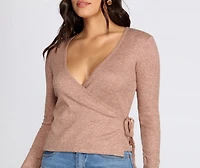 Ribbed Knit Tie Front Wrap Top