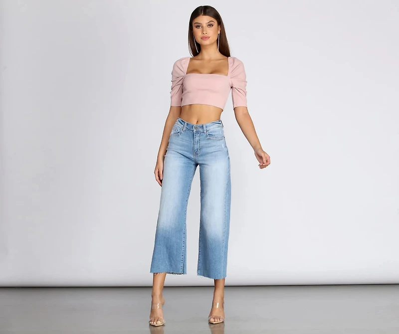 Ribbed Knit Puff Sleeve Crop Top