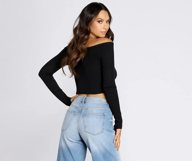 Button Detail Ribbed Knit Crop Top