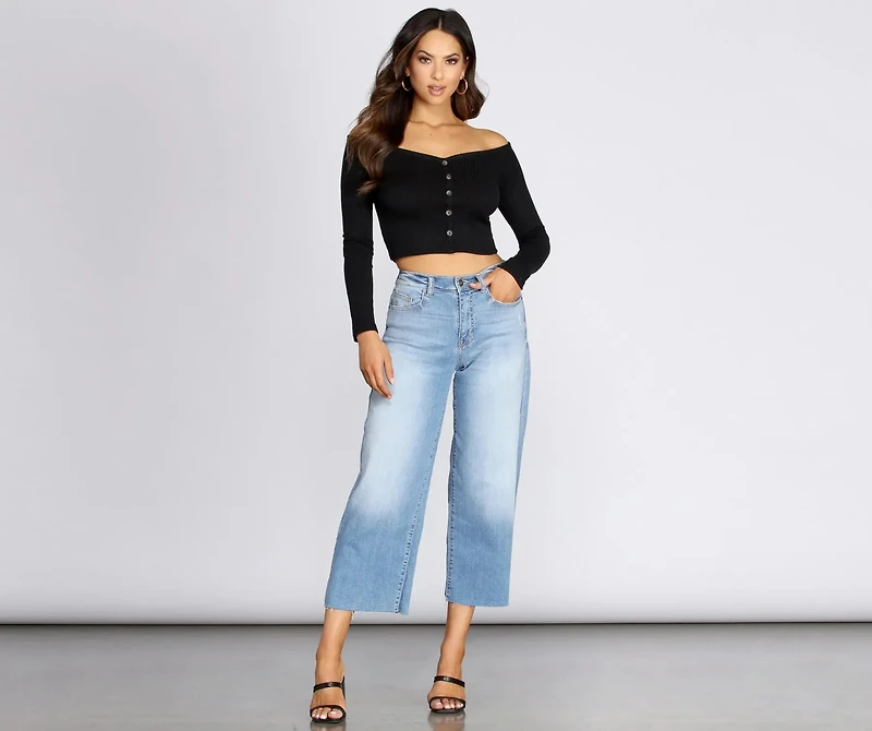 Button Detail Ribbed Knit Crop Top