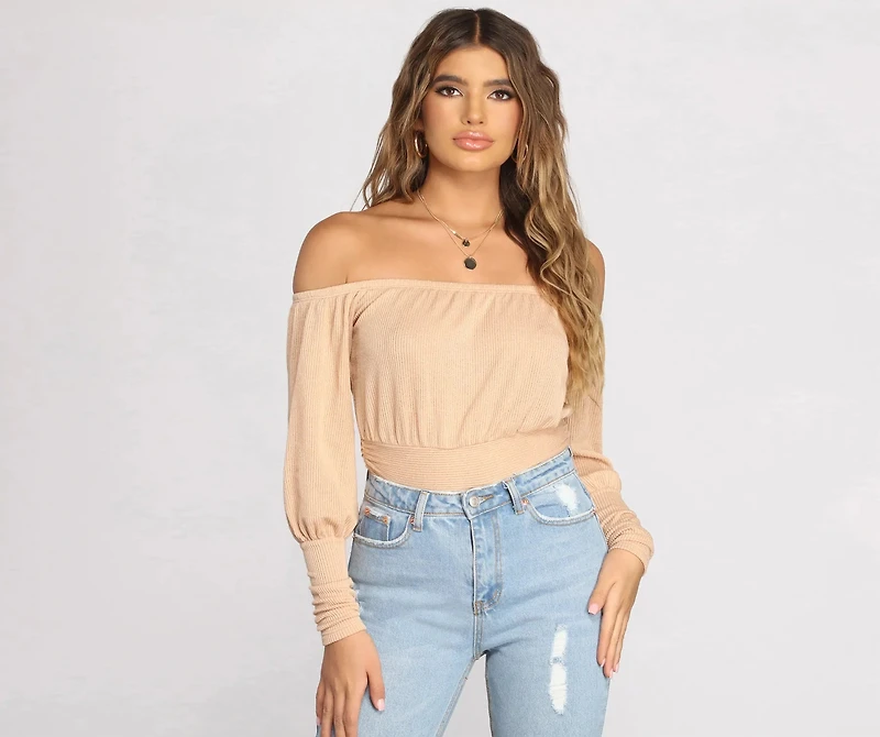 All About Knit Ribbed Off Shoulder Top
