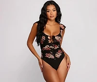 Ruffled Floral Lace-Up Mesh Bodysuit
