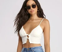 Double Row Tie Front Ribbed Crop Top