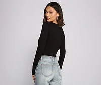Square Neck Long Sleeve Knit Bodysuit