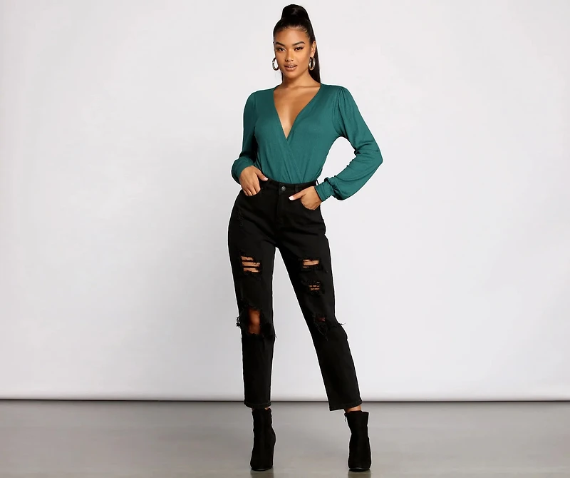 Sultry Deep V Neck Ribbed Bodysuit