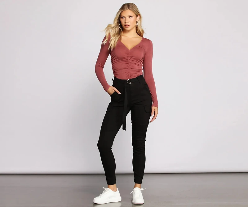 Ruched V Neck Jersey Knit Crop Top