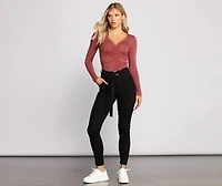 Ruched V Neck Jersey Knit Crop Top