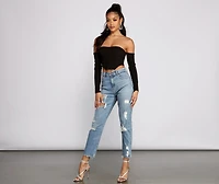 Off The Shoulder Ribbed Knit Crop Top