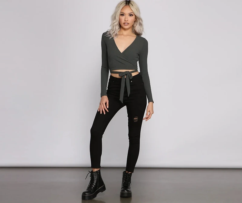 Basic Ribbed Knit Tie Waist Top