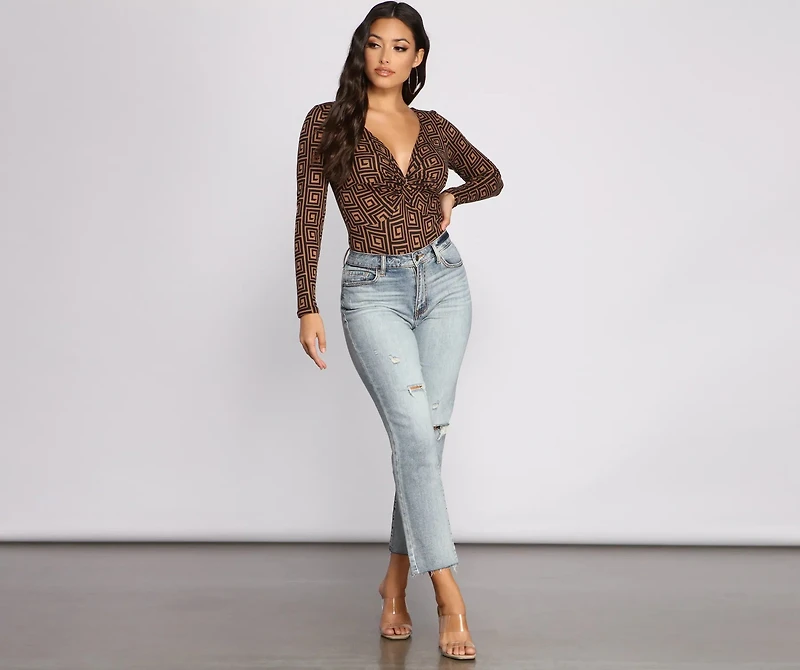 Greek Key Print Brushed Knit Bodysuit