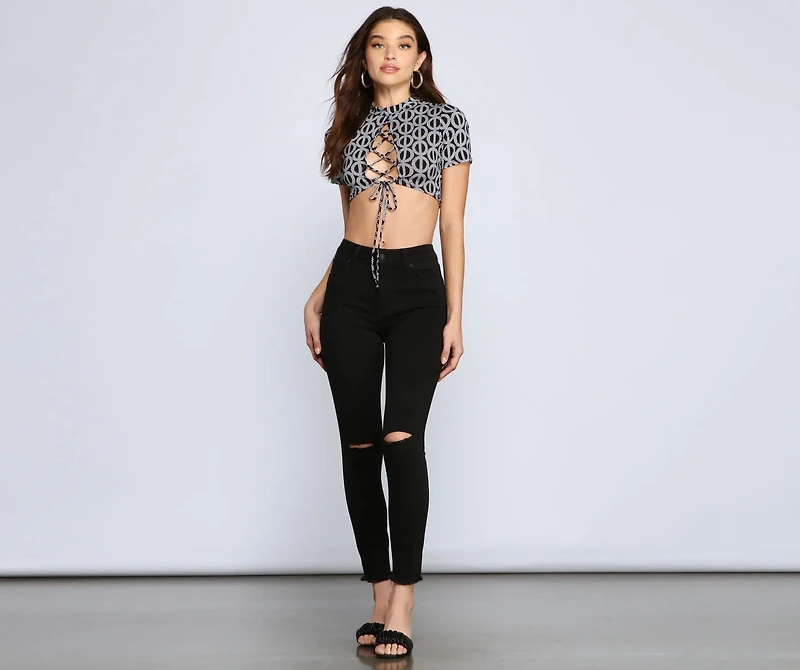 Lace-Up Crop Geometric Top