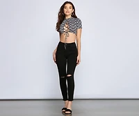Lace-Up Crop Geometric Top