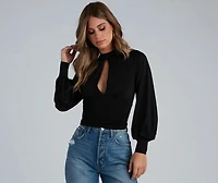 Chic Edition Mock Neck Keyhole Top
