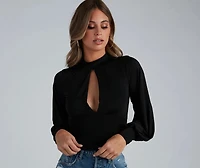 Chic Edition Mock Neck Keyhole Top