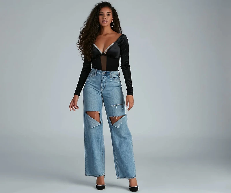 Holiday Shine Velvet Rhinestone Trim Bodysuit