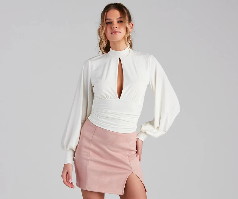 Chic Edition Mock Neck Keyhole Top