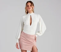 Chic Edition Mock Neck Keyhole Top