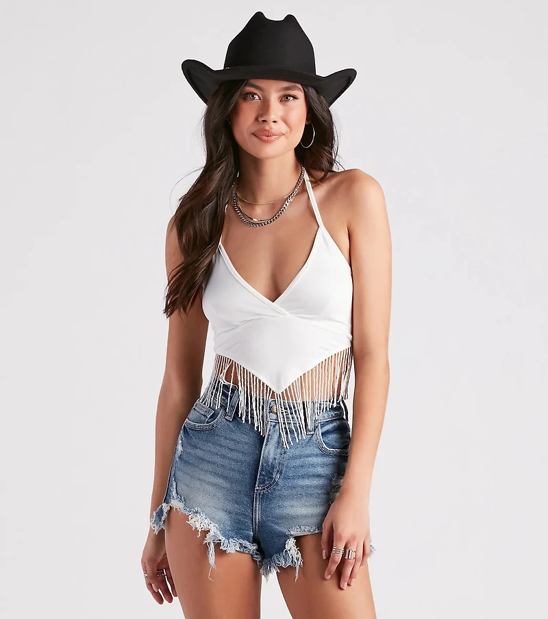 Modern Boho Halter Fringe Crop Top